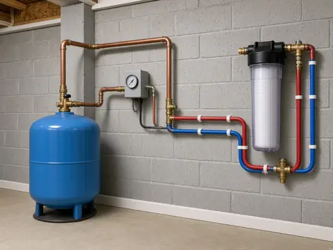 Well pressure tank and plumbing in a clean utility room