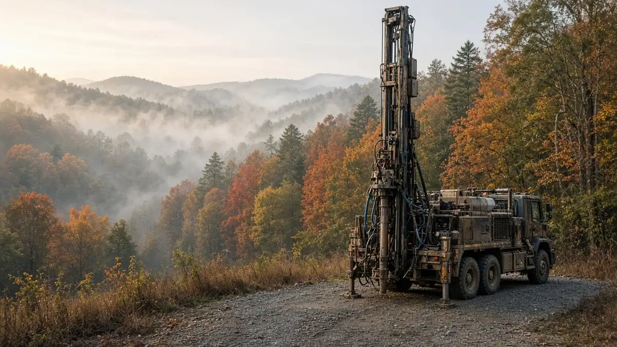 Water well drilling rig on a rural property in the misty East Tennessee hills